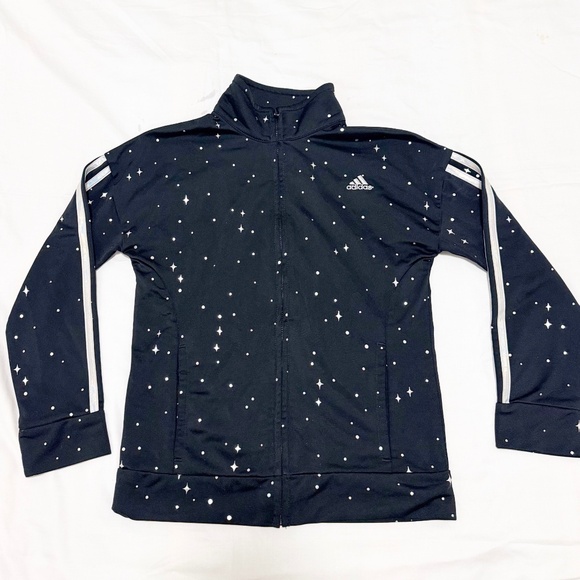 Adidas Kids Girls Black Track Jacket w/ Star Sparkle Pattern Coat Youth 10/12 - Picture 1 of 4